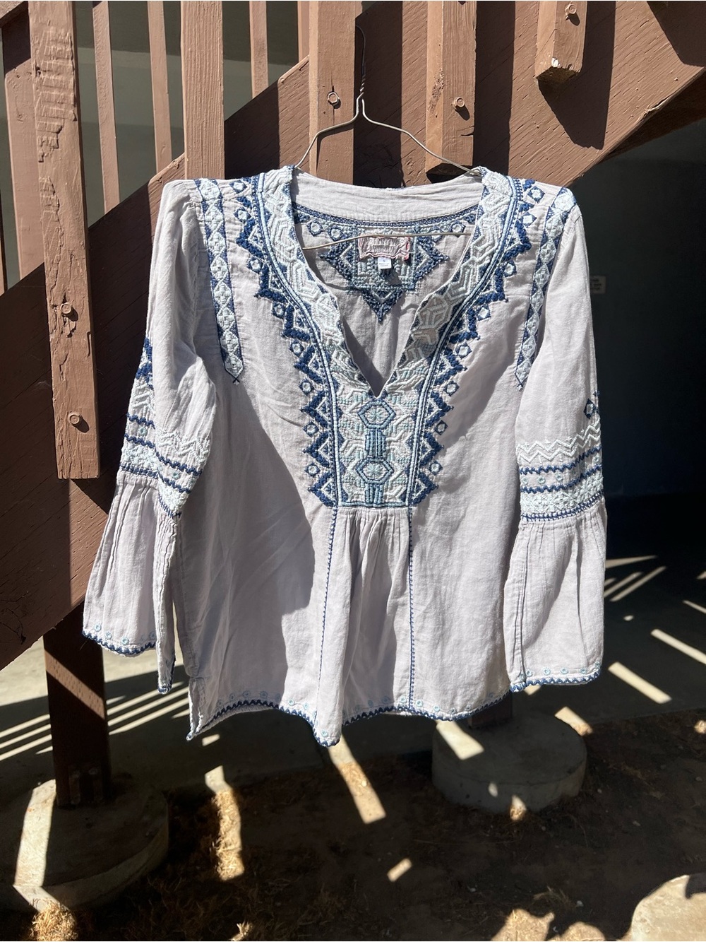 Johnny Was White Tunic with Blue Embroidery